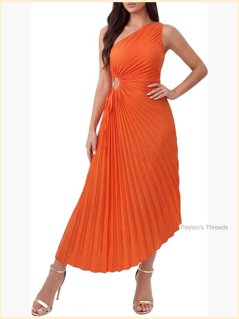 One Shoulder Pleated Midi Cocktail Dress With Cutout Twist Detail